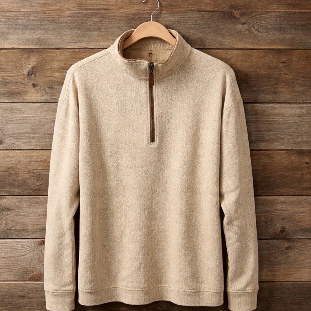 Men's Beige Half-Zip Fleece Pullover Sweater